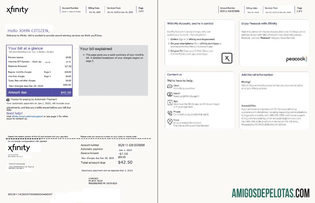 para download Modelo de fatura de serviços públicos Xfinity dos EUA em formatos Word e PDF, 3 páginas, versão 4, 1 2 páginas